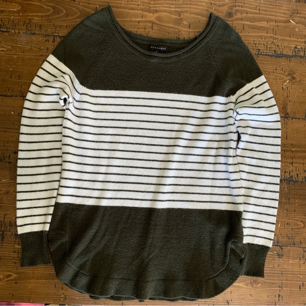 Staccato Olive and White Striped Crewneck Sweater